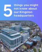 Aerial view of a modern glass office complex labeled as the Kingston corporate headquarters.