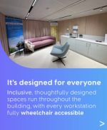 Modern office wellbeing room with accessible seating, sink area and posters promoting inclusive employee support.