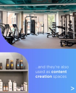Modern office gym and product display area featuring Dove and TRESemmé products.