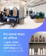 Modern office salon area with styling chairs, wash stations, plants, and Dove and TRESemmé branded haircare products on display.