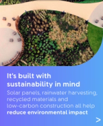 Aerial view of a landscaped green roof above text promoting sustainable, low‑carbon building design.