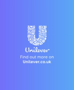 Unilever logo on a blue gradient background with text directing visitors to Unilever.co.uk.